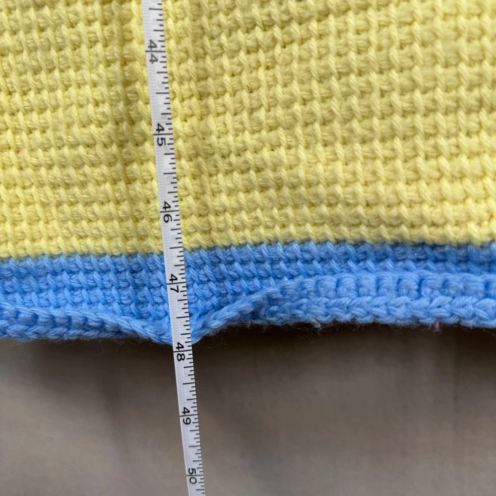Vintage Handmade Crochet Teddy Bear Baby Blanket Yellow Blue‎ 44x48 knit nursery